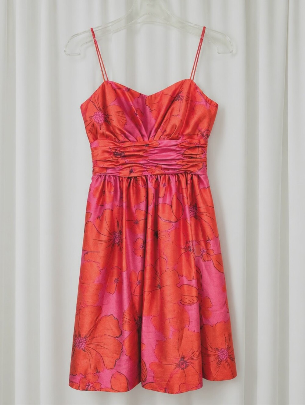 Eliza J New York Hot Pink Orange Oversized Hibiscus Flowers Satin Cocktail Dress